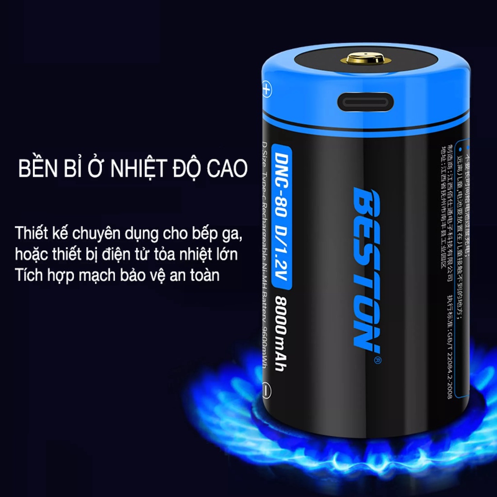 Pin D sạc cỡ đại Beston DNC-80 1.2v 8000mAh cổng sạc USB Type-C Pin Sạc Cho Bếp Ga, Đèn Pin, Thiết Bị Công Nghiệp