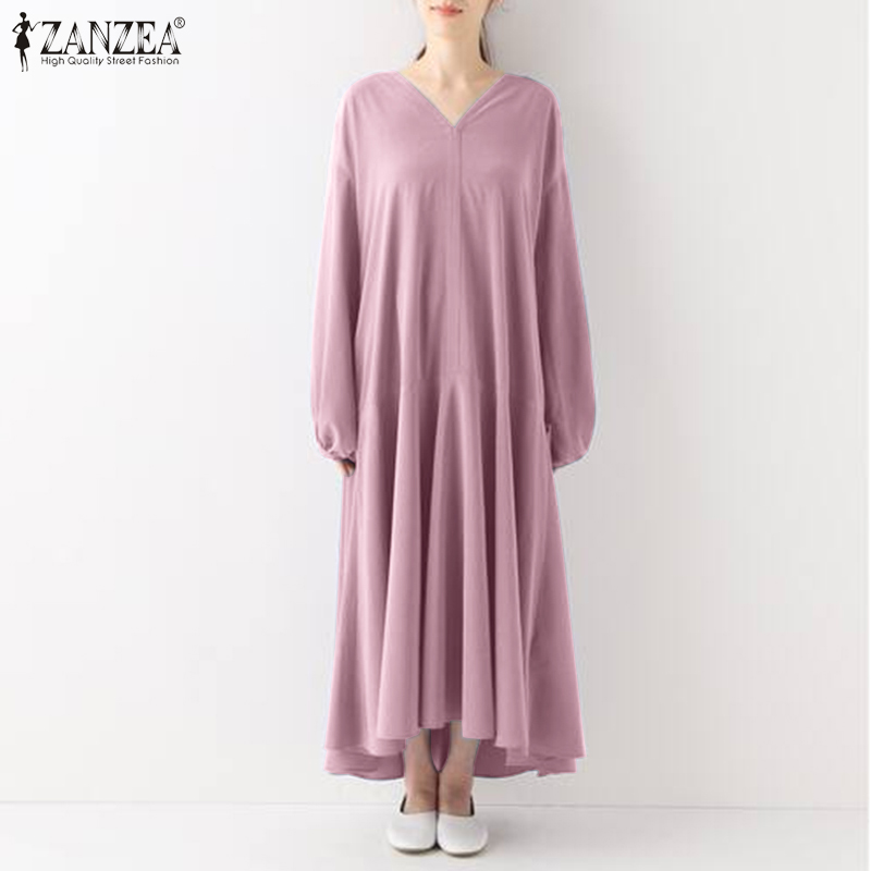 Đầm Maxi ZANZEA Cổ V Tay Phồng Màu Trơn Thời Trang Cho Nữ