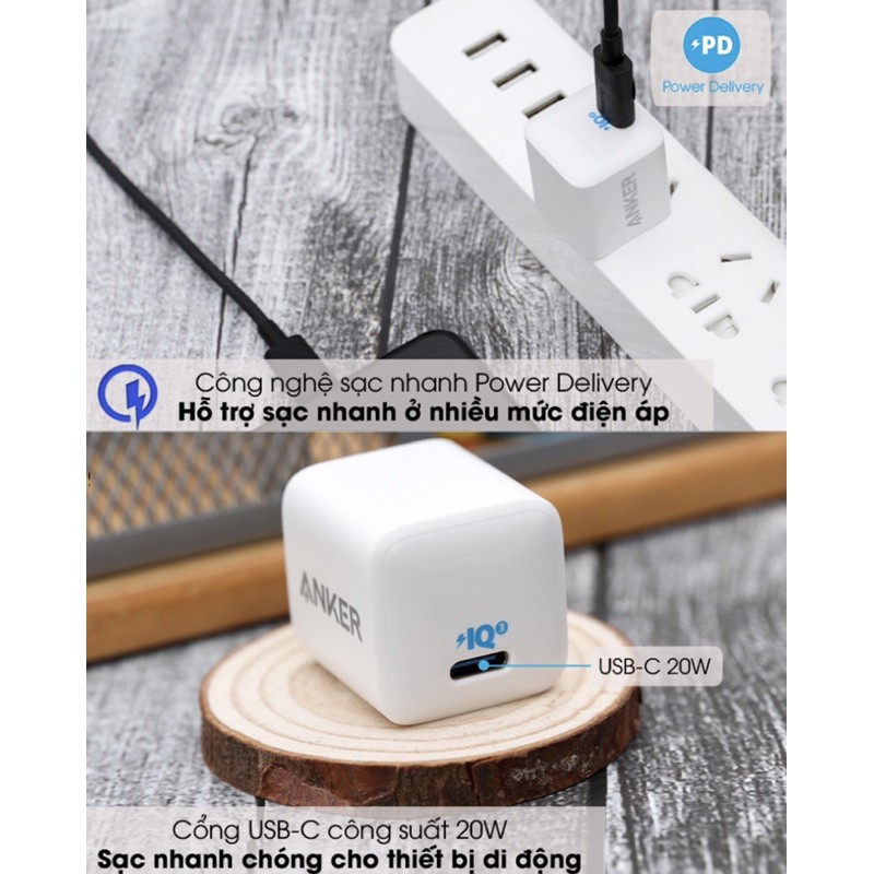 Củ sạc nhanh iPhone 12, iPad Pro, S10, S20, Note 10 ANKER POWERPORT III NaNo PIQ 3.0 20W - A2633