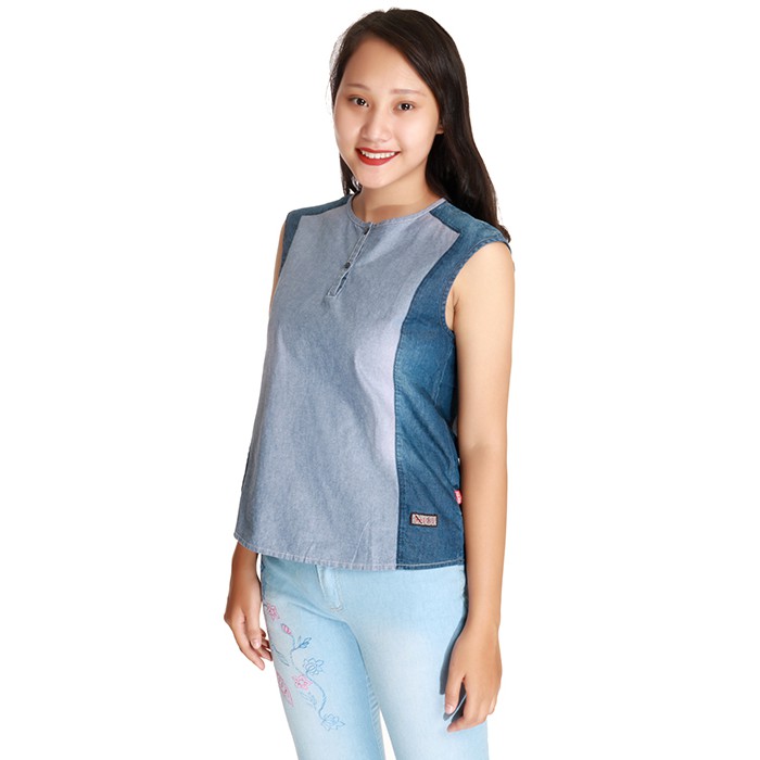Áo bò nữ L7040 thương hiệu NARSIS màu xanh dương phối xanh ghi