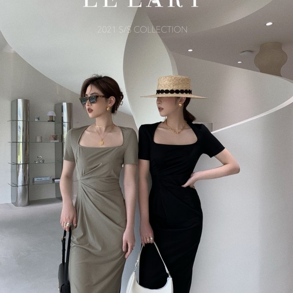 Đầm Đen Tay Ngắn Cổ Vuông Xếp Ly Thời Trang Mùa Hè 2022 Cá Tính