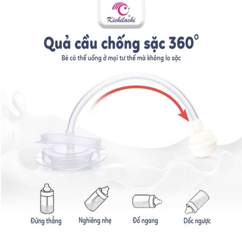 Bình tập uống nước Kichi nhựa Meka cao cấp 220ml cho bé - chống sặc , chống đổ - Tặng cọ vệ sinh ống
