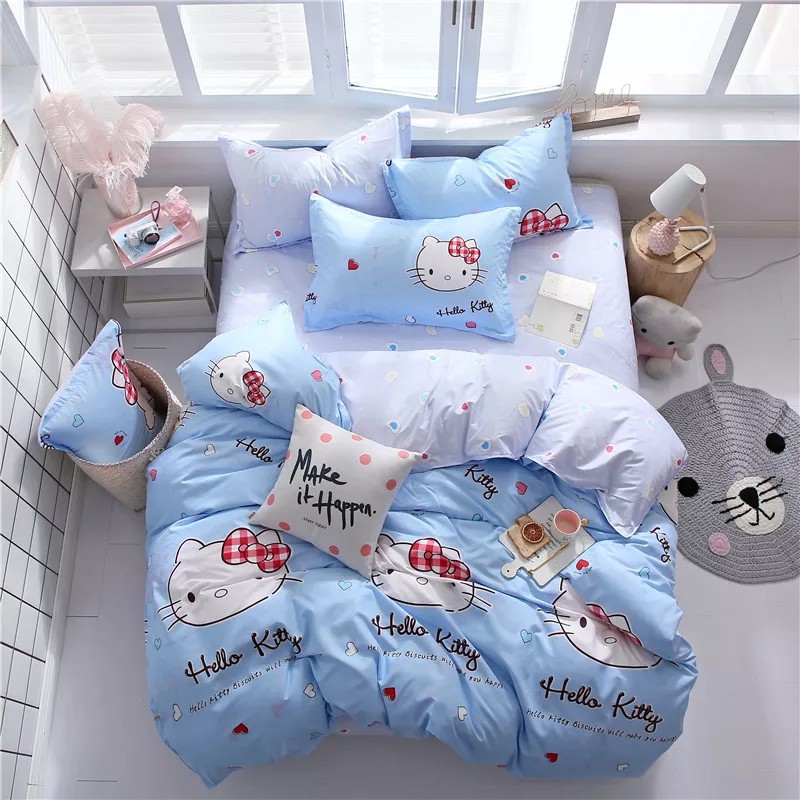 Chăn Ga Gối , cotton poly chăn ga Hàn Quốc đủ màu đủ size miễn phí bo chun mẫu KITTY XANH