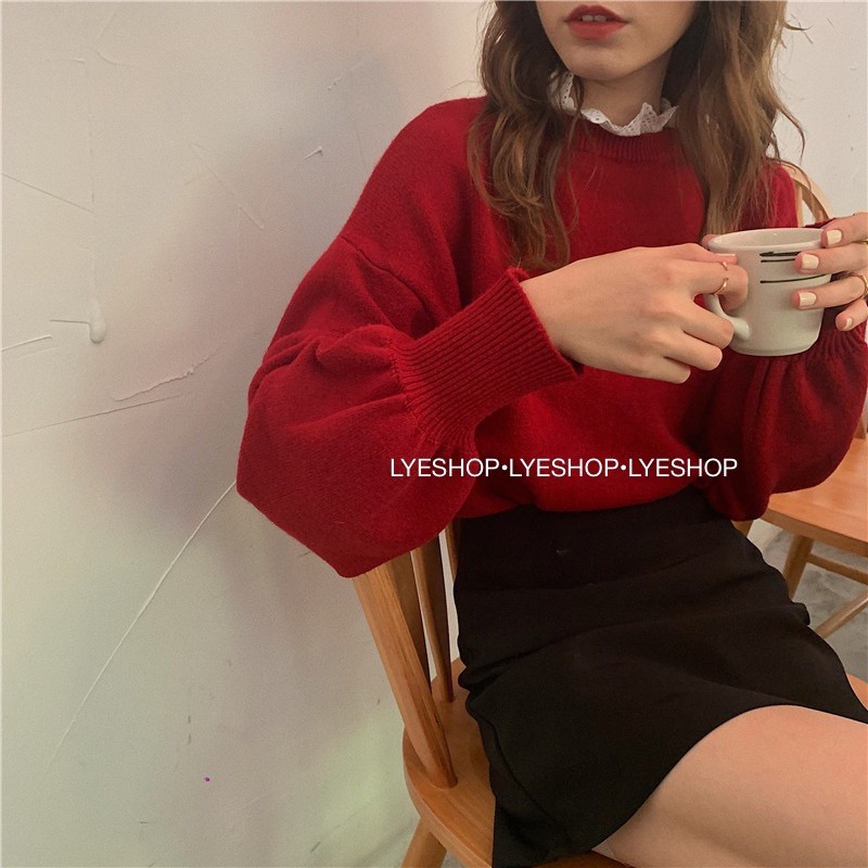 Áo len cổ ren tay bồng áo len đỏ cổ ren