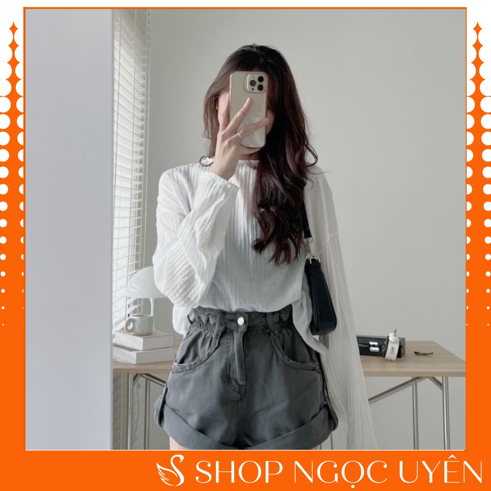 Áo tơ sọc dài tay thu đông AUDREY dạng rộng cổ tròn vải tơ mỏng cao cấp - Ngọc uyên Store