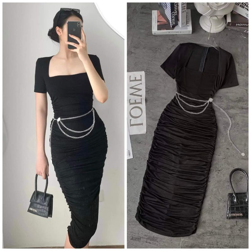 Đầm nhún cổ vuông tay ngắn
