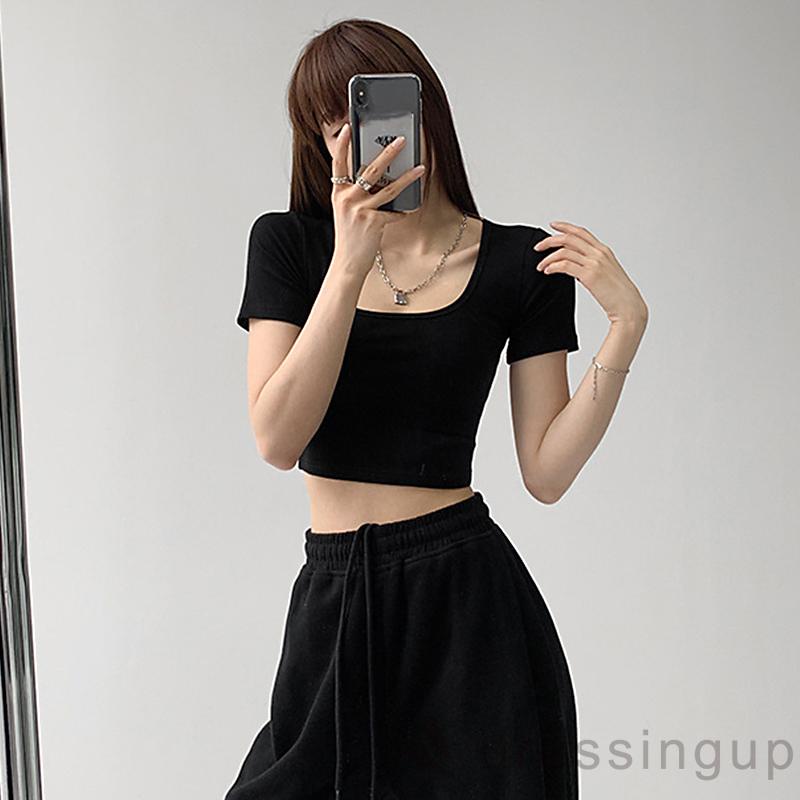 Áo Thun Dệt Kim Tay Ngắn Cổ Chữ U Màu Sắc Trơn Thời Trang Dành Cho Nữ