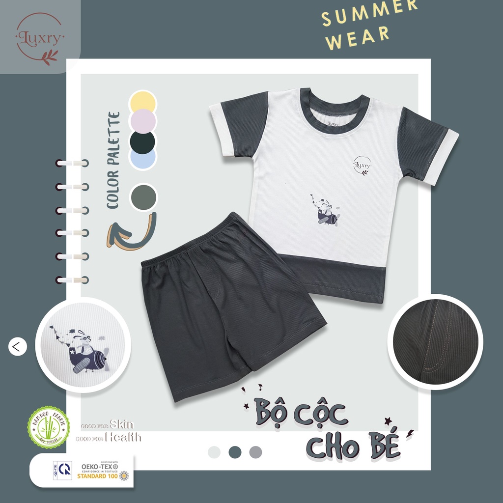 Bộ quần áo cộc cổ tròn gân tăm thương hiệu Luxry đáng yêu cho bé trai, bé gái