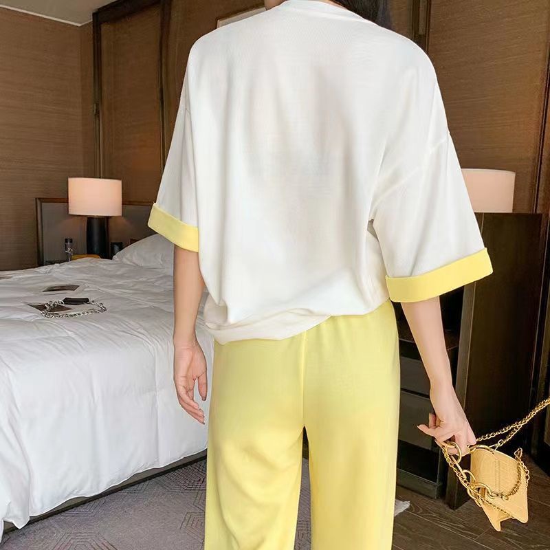 Summer new suit high waist casual ice wide leg pants women loose and versatile short sleeve T-shirt sports two piece set