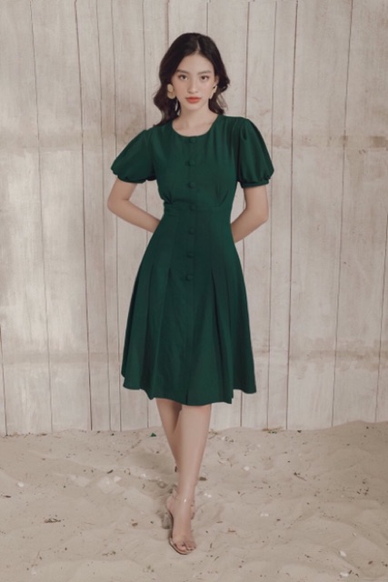 Đầm váy xanh lính cổ tròn