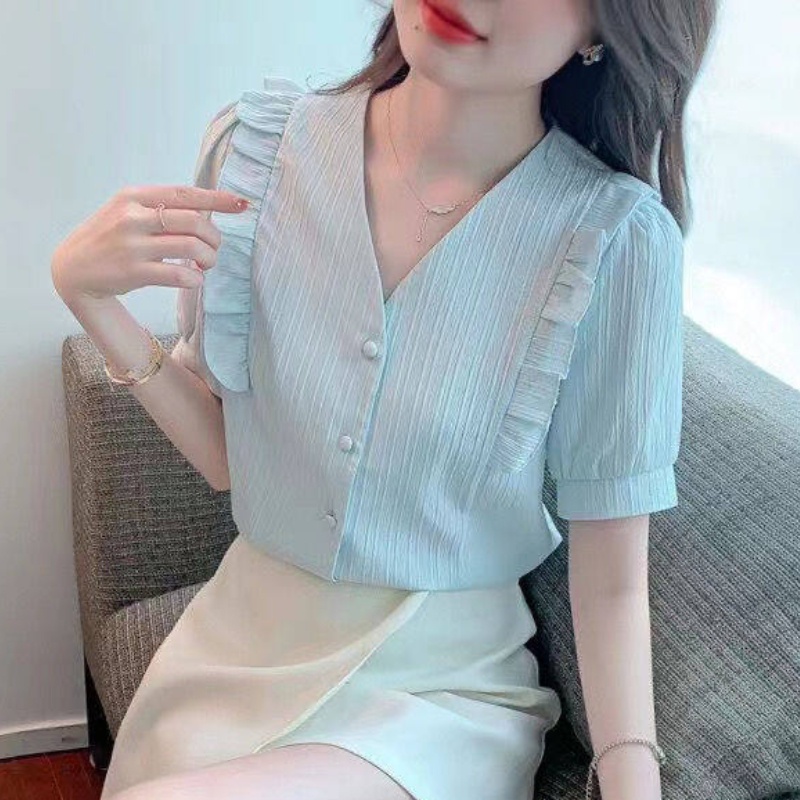 Áo Chiffon Tay Ngắn Cổ Chữ V Màu Trắng Thời Trang Mùa Hè Hàn Quốc 2022 Cho Nữ