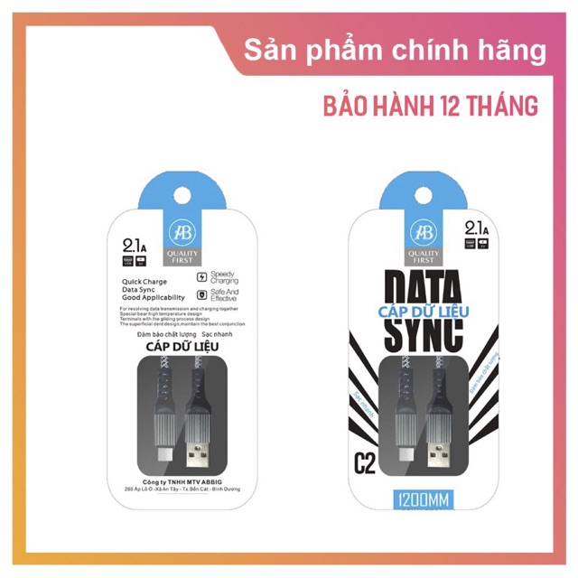 Cáp sạc nhanh chuẩn 2.1A dài 1,2m, cổng Micro usb C2 hãng ABBig Viẹt Nam