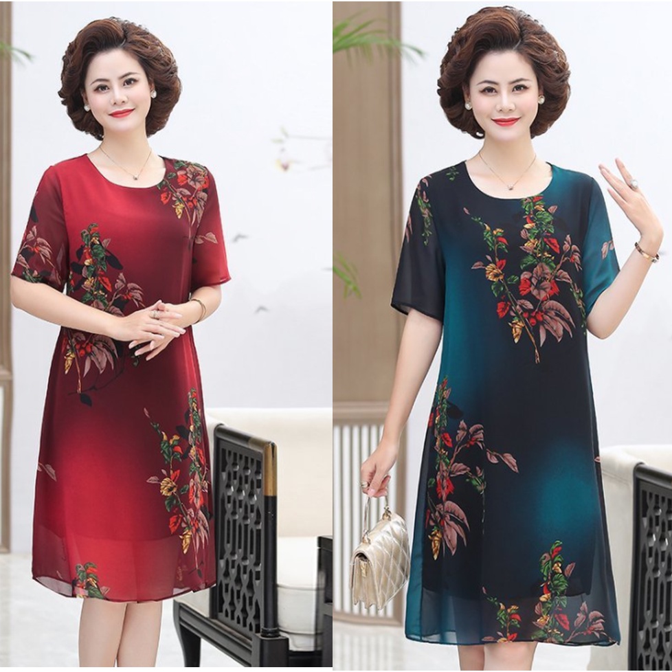 Đầm dự tiệc trung niên V54 - Váy voan nữ cho mẹ dáng suông - Áo đầm đẹp cao cấp sang trọng cho người lớn tuổi Bigsize