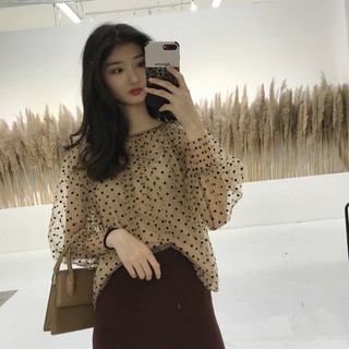 Áo kiểu bằng lưới chấm bi cổ điển hợp thời trang cho nữ