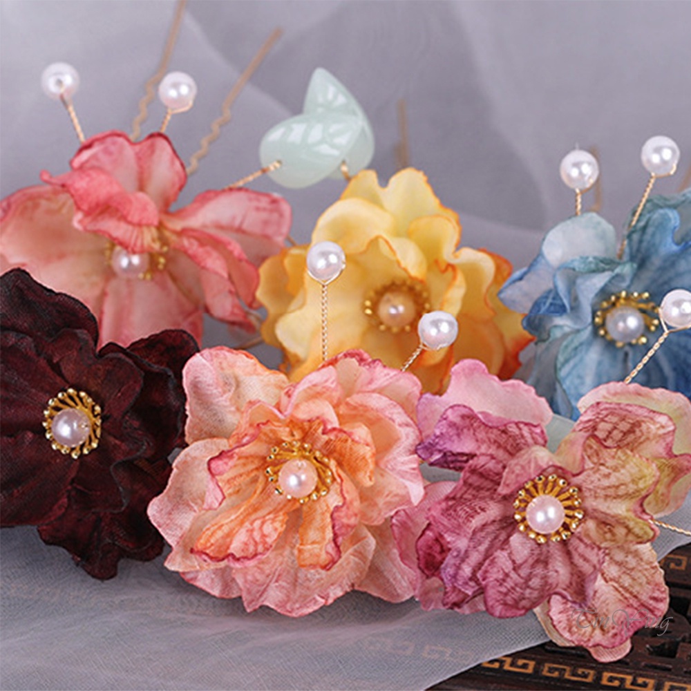 GETNOIVAS Kẹp Tóc Chữ U Bằng Lụa Hình Hoa Đính Ngọc Trai Màu Sắc Thời Trang Trung Hoa