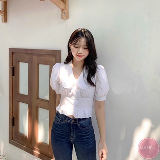 Áo sơ mi croptop tay ngắn kiểu áo sơ mi trắng nữ cổ bèo sen cách điệu chất lụa mặc ở nhà đi học đi chơi đẹp