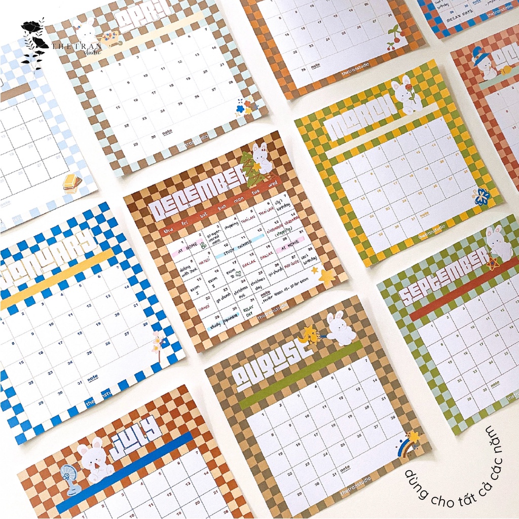 Bộ 12 tờ lịch kế hoạch hàng ngày 12 tháng dùng cho tất cả các năm vuông 145x145mm / single life calendar / thetranstudio