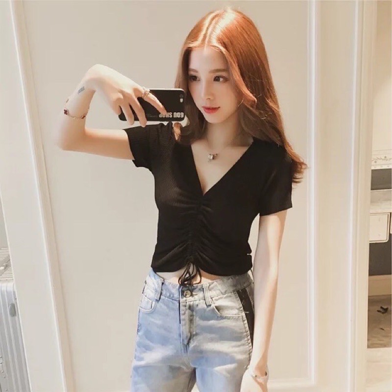 Áo thun CROPTOP,áo cổ tim rút dây siêu xinh