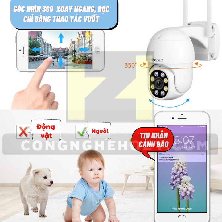 Camera wifi ngoài trời chống nước  PTZ Srihome FullHD1080 xoay 360 độ có đèn Led quay đêm có màu