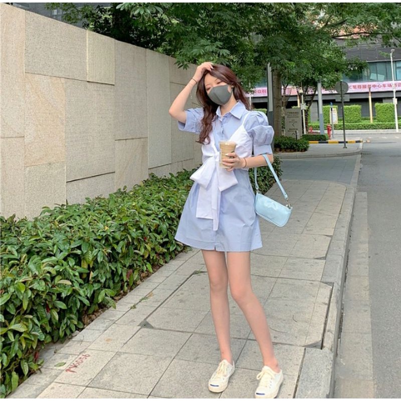 Đầm sơmi tay bồng phối nơ Ullzang