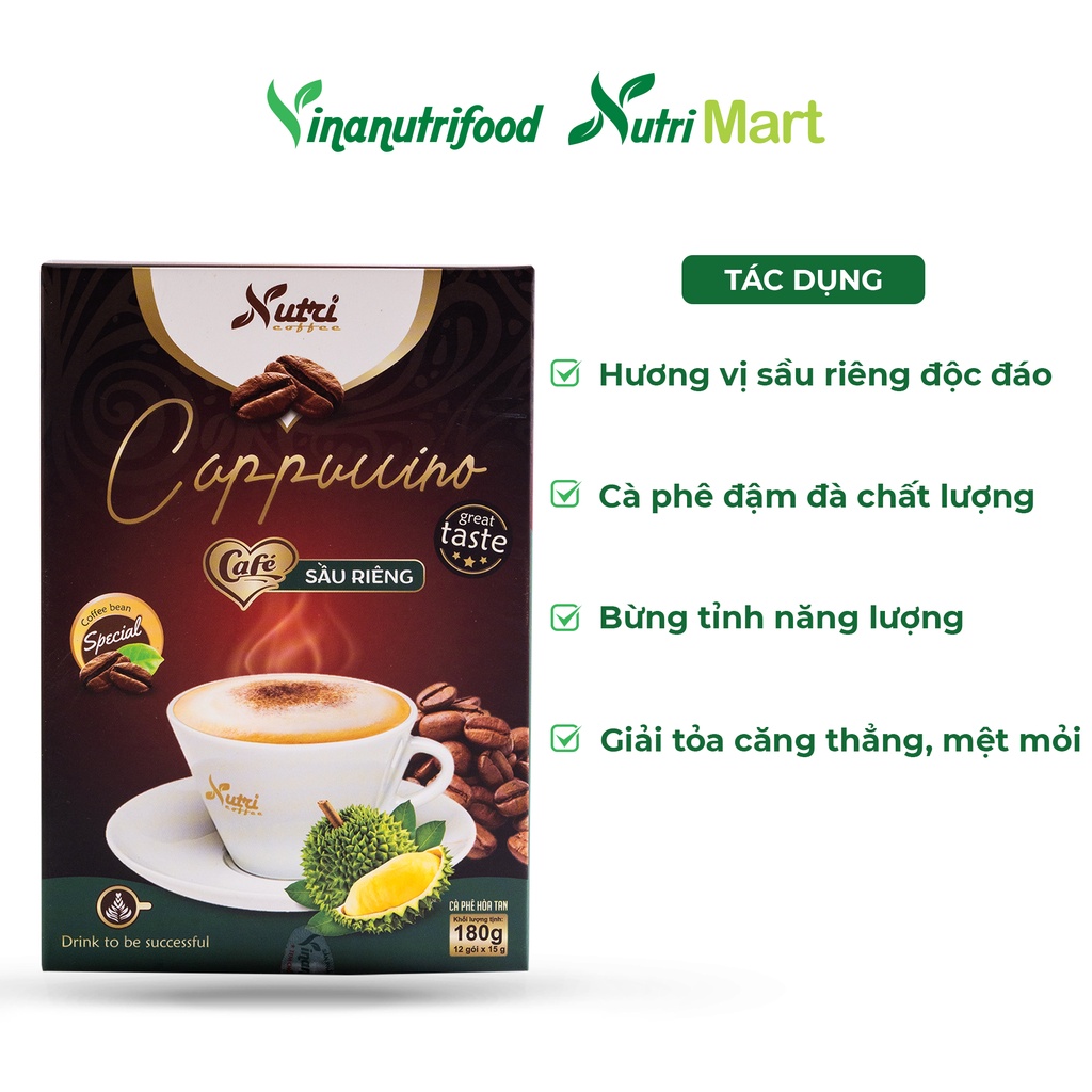 Cà phê capuchino sầu riêng Vinanutrifood C02, hương vị sầu riêng đặc trưng, giúp giải tỏa căng thẳng (15g x 12 gói)