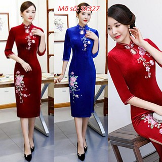 ➡️SX327 SƯỜN XÁM NHUNG CỔ TÀU QUÝ BÀ NHUNG TAY LỠ CỔ GIỌT NƯỚC HOA THÊU SANG TRỌNG CÓ SIZE LỚN - HÀNG NHẬP KHẨU