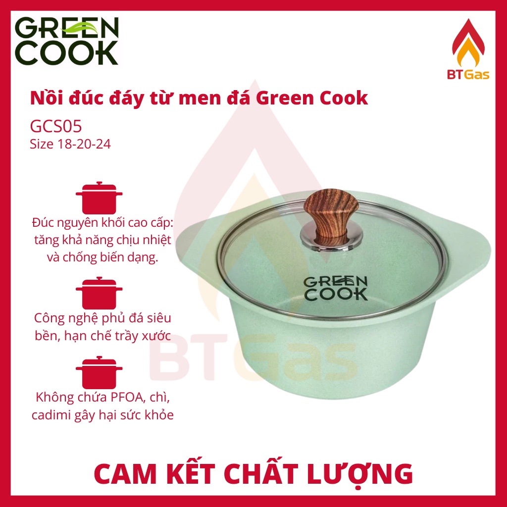 Nồi đúc đáy từ Green Cook, nồi chống dính đáy từ men đá xanh ngọc Green Cook