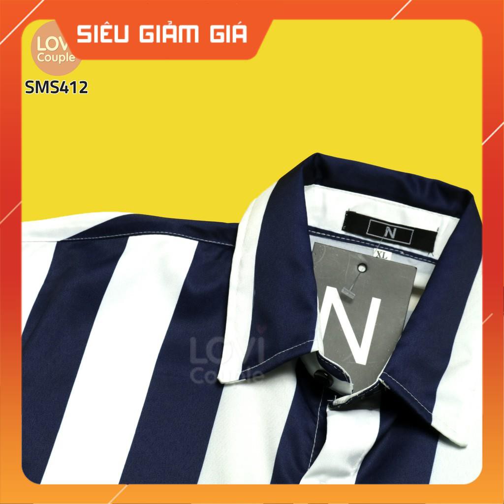 SMS412-Áo Sơ Mi Sọc Xanh Đen Tay Dài Unisex