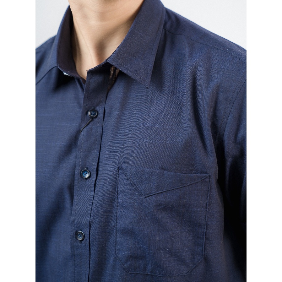 Áo sơ mi nam ngắn tay OWEN AR220133NT somi công sở vải sợi tre cao cấp màu navy slub dáng suông tà lượn có túi