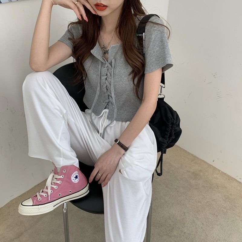 QADCOL  Áo Croptop Tay Ngắn Cổ Vuông Kiểu Retro Hàn Quốc Thiết Kế Quyến Rũ Cho Nữ