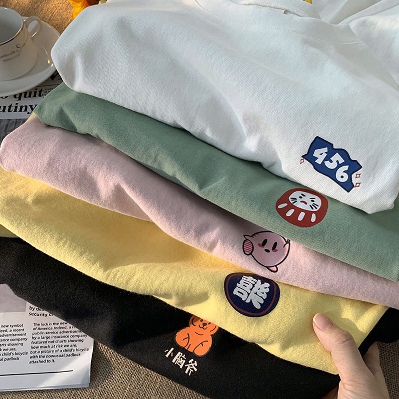 Áo thun tay lỡ nam nữ, áo phông unisex form rộng 5 màu chất cotton mát mịn thấm hút mồ hôi hình in hoạt hình dễ thương