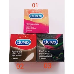 Combo 3 Loại Bao Cao Su Durex : Bcs gân gai Pleasuremax , kéo dài thời gian Performa, siêu mỏng Fetherlite