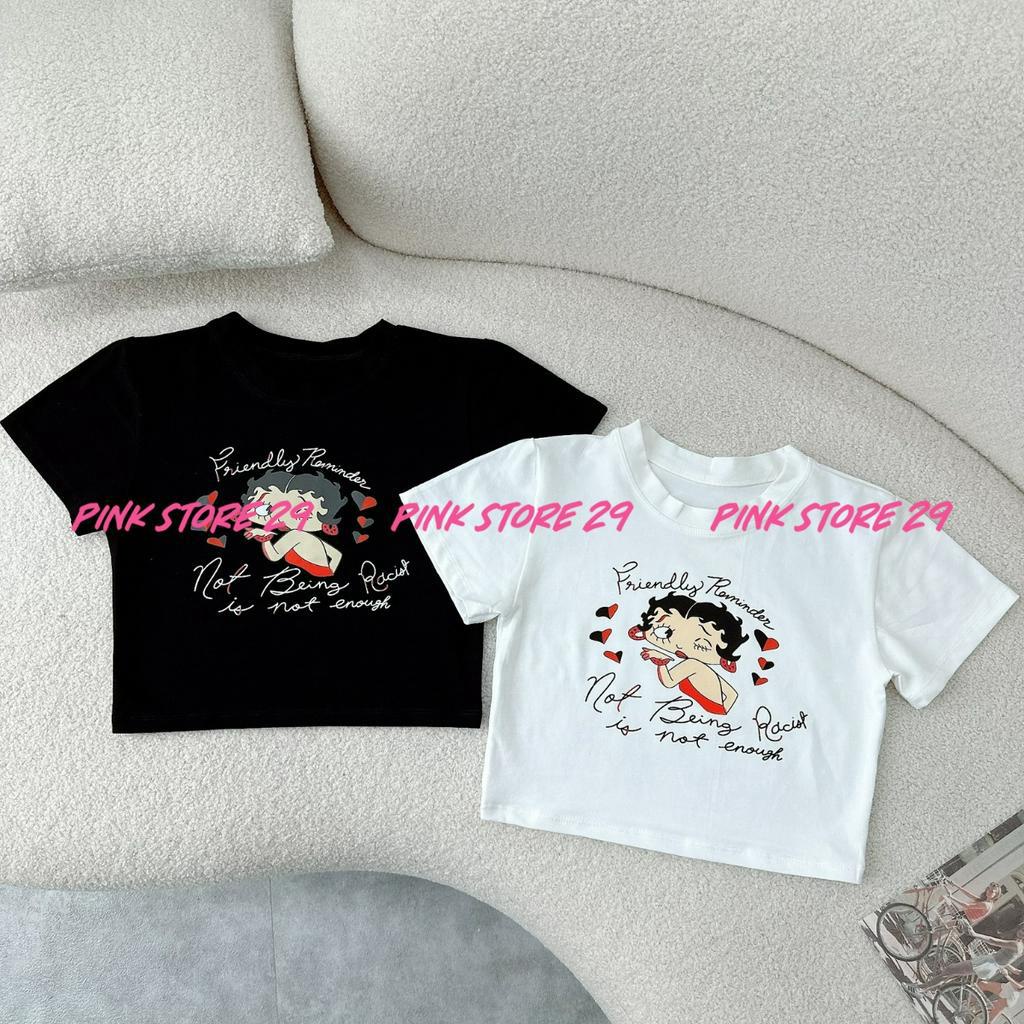 Áo croptop tay ngắn PINKSTORE29 kiểu dáng basic, in hình dễ thương Friendly A5720