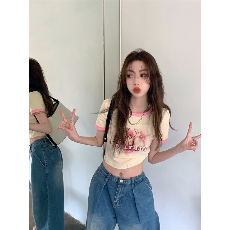 Áo thun cotton tay ngắn hở vai ôm dáng in họa tiết mèo màu sắc tương phản thời trang Hàn Quốc cho nữ