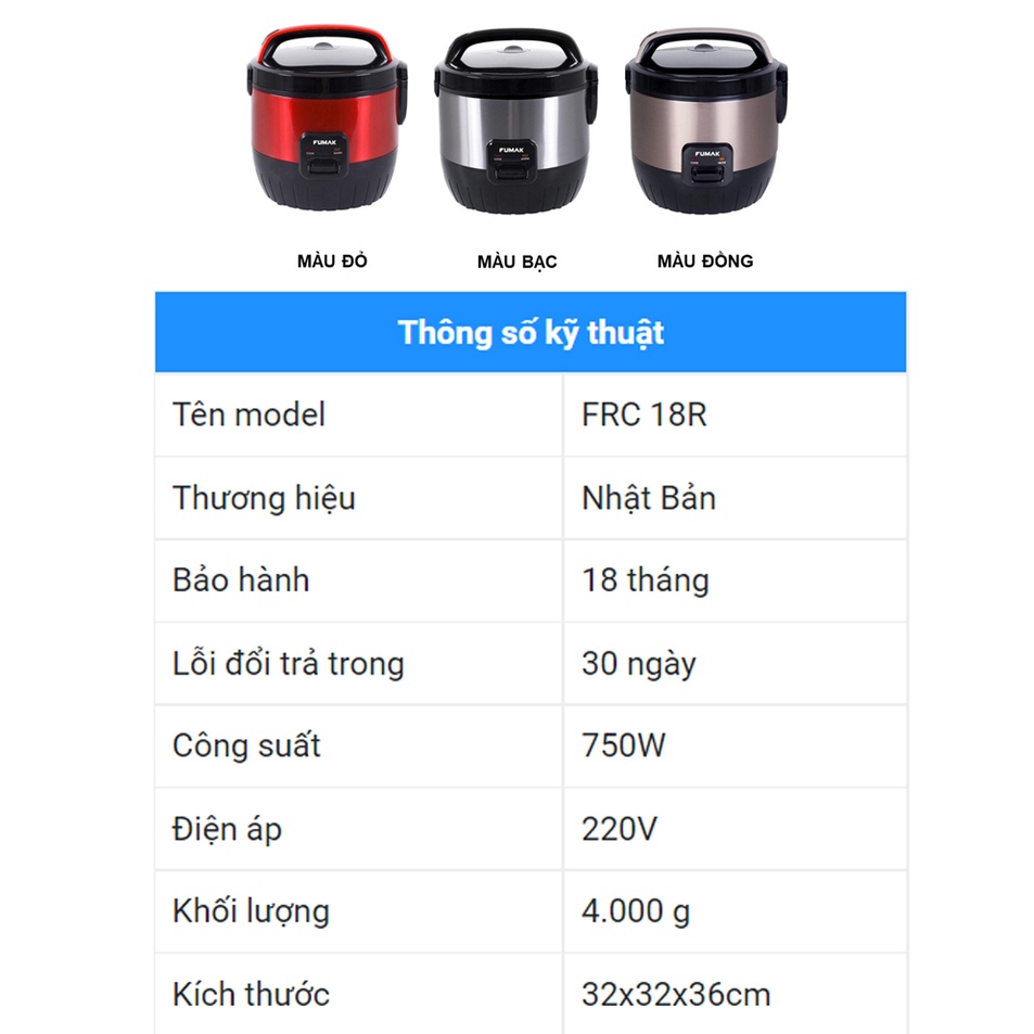 Nồi cơm điện Fumak Nhật Bản Dung Tích 1.8L, Lòng Nồi Hợp Kim Nhôm 5 lớp chống dính. Bảo hành 18 tháng.