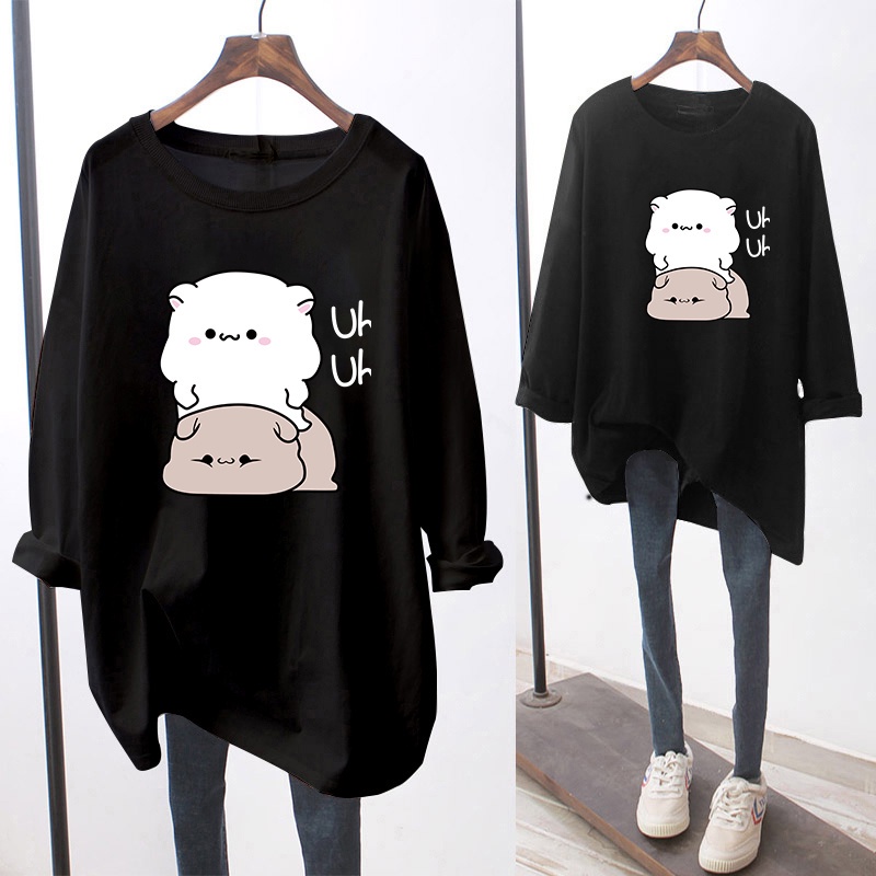 NRVP Áo thun nữ tay dài cổ tròn dáng rộng in hình hoạt hình size lớn 5xl