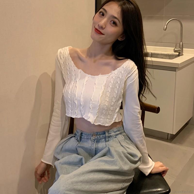 [Baywellfashion]Áo Dệt Kim Dáng Ngắn Tay Dài Cổ Tròn Thời Trang Mùa Thu Dễ Thương Cho Nữ | BigBuy360 - bigbuy360.vn