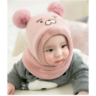 Mũ Len 2 Quả Bông Liền Khăn Cho Bé (Giao Màu Ngẫu Nhiên)