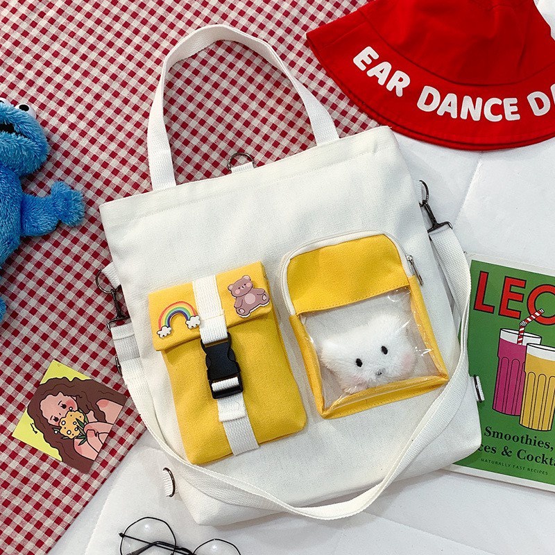 Túi đeo chéo SAM CLO bag canvas thời trang Hàn Quốc ULZZANG kèm phụ kiện, đựng sách, đi chơi, đi học GẤU BÔNG MỘT KHÓA