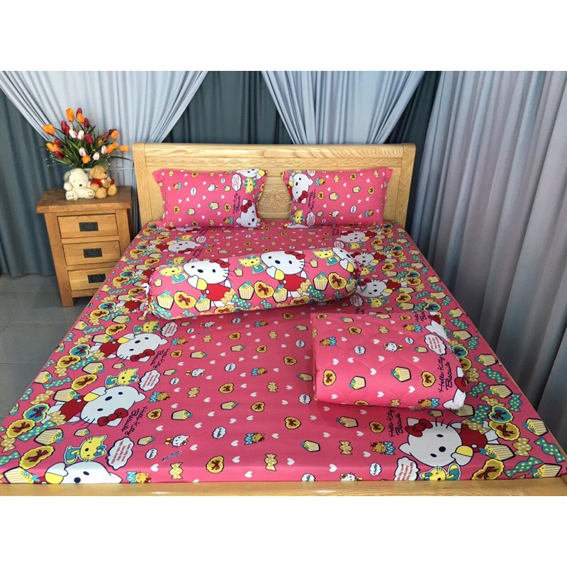 Drap thun❤️FREESHIP❤️ga thun lạnh Hàn Quốc mẫu mèo nơ (1 ga, 3 vỏ gối)