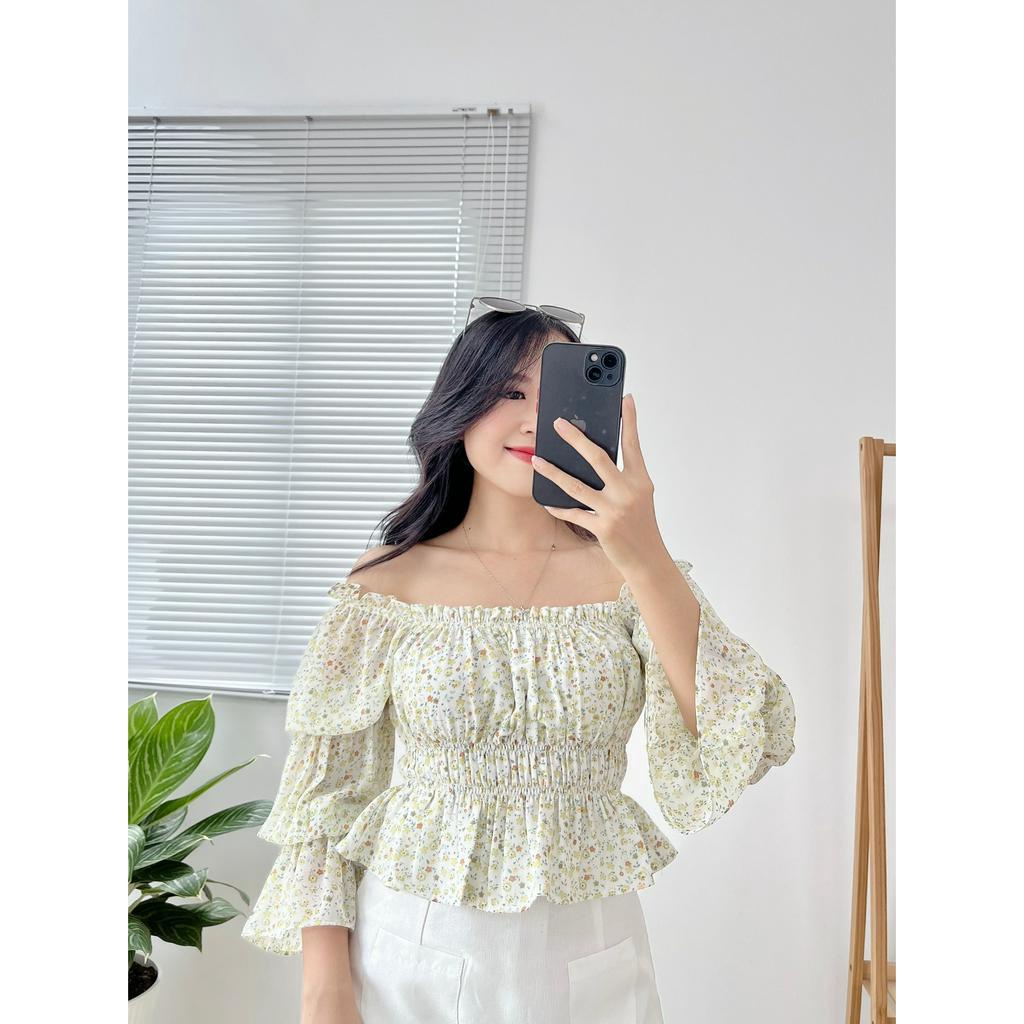 Áo Croptop Voan Hàn Tay Dài Hoa Nhí Vàng Chanh A01