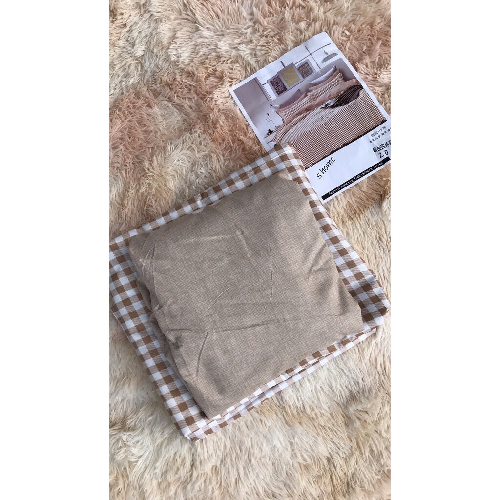 Bộ chăn ga gối , drap giường chất cotton poly họa tiết kẻ Caro be
