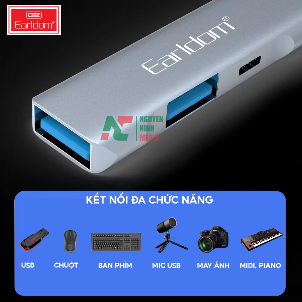 Cáp OTG Dành Cho iPhone, iPad Earldom HUB11 - Hỗ Trợ Cắm Phím, Chuột, USB , Midi Controller  - Hàng Chính Hãng