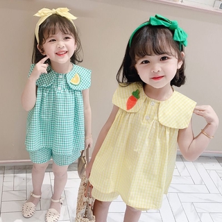 Set Đồ Mùa Hè 2 Món Gồm Áo Cotton Kẻ Sọc Caro + Quần Ngắn Thời Trang Cho Bé Gái