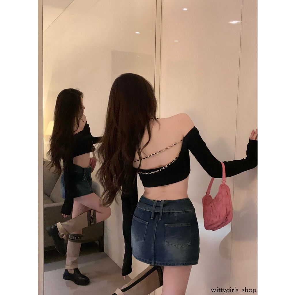 Wittygirls_ Shop | Áo Thun Tay Dài Phối Dây Xích Thời Trang Mùa Xuân Quyến Rũ Cho Nữ