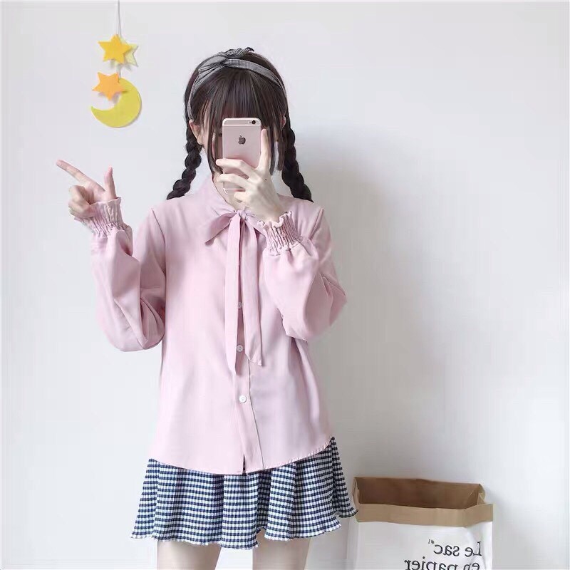 Áo Kiểu Sơ Mi Nữ Cổ Trụ Thắt Nơ Tay Bo Thun Trẻ Trung EVA AO 10294