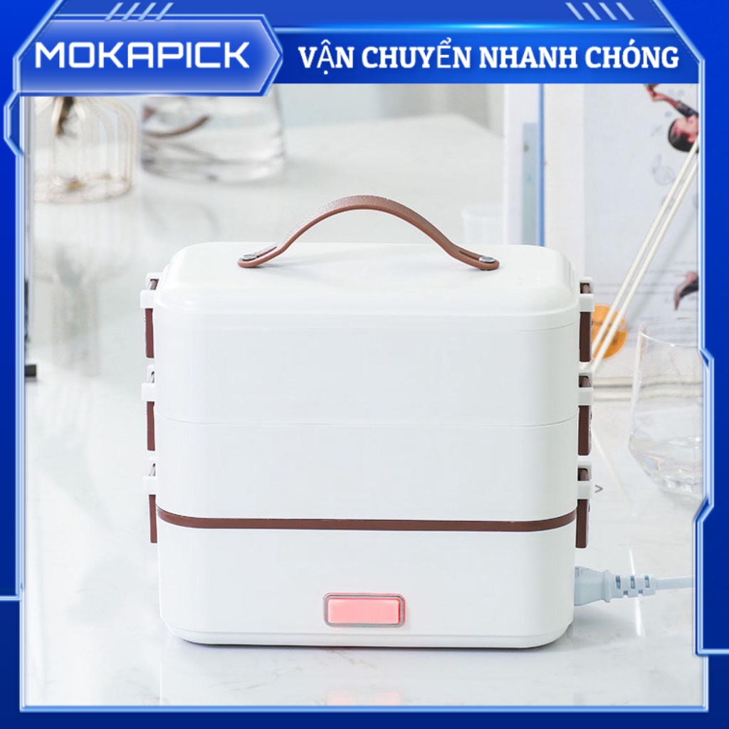 Mokapick Hộp cơm hâm nóng 1 2 lít 3 tầng Thực phẩm Cấp PP bằng thép không gỉ Tay cầm silicone điện cho du lịch văn phòng