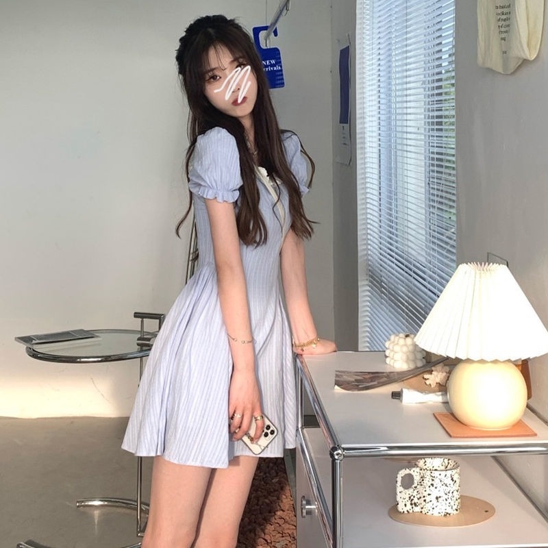 Đầm Tay Phồng Ngắn Eo Co Giãn Màu Trắng Xanh Dương Phong Cách Mori Thời Trang Mùa Hè Mới Cho Nữ