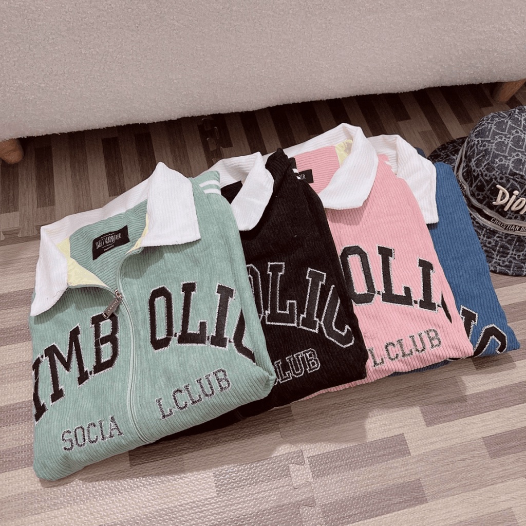 Áo Khoác Nhung Nữ Cổ Bẻ Thêu Logo 2 Lớp Form Rộng Mặc Đẹp Hot Trend