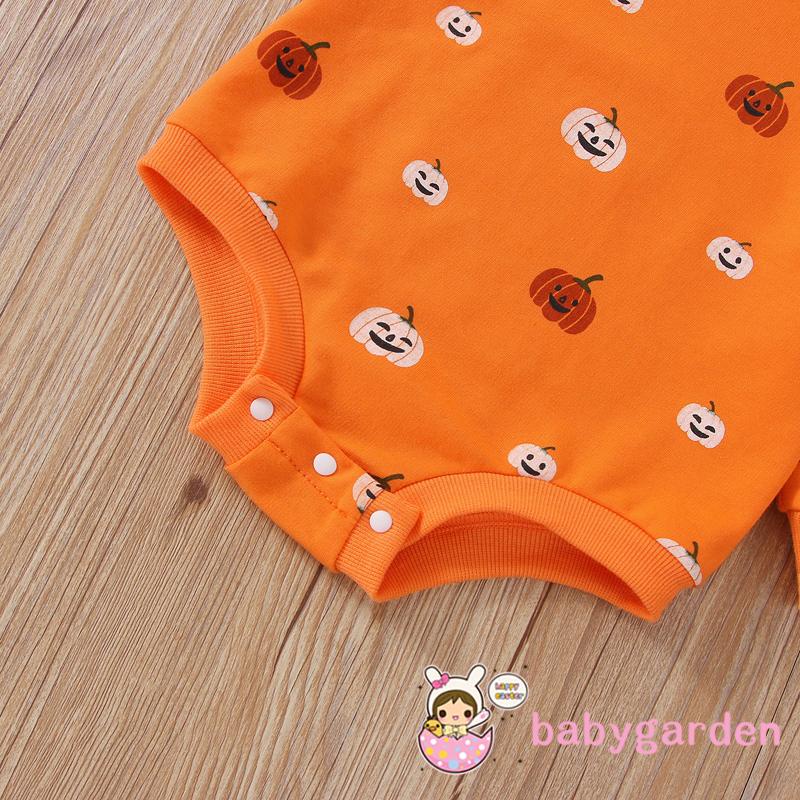 Áo Liền Quần Tay Dài Cổ Thuyền In Hình Bí Ngô Halloween Cho Bé 3-18 Tháng Tuổi